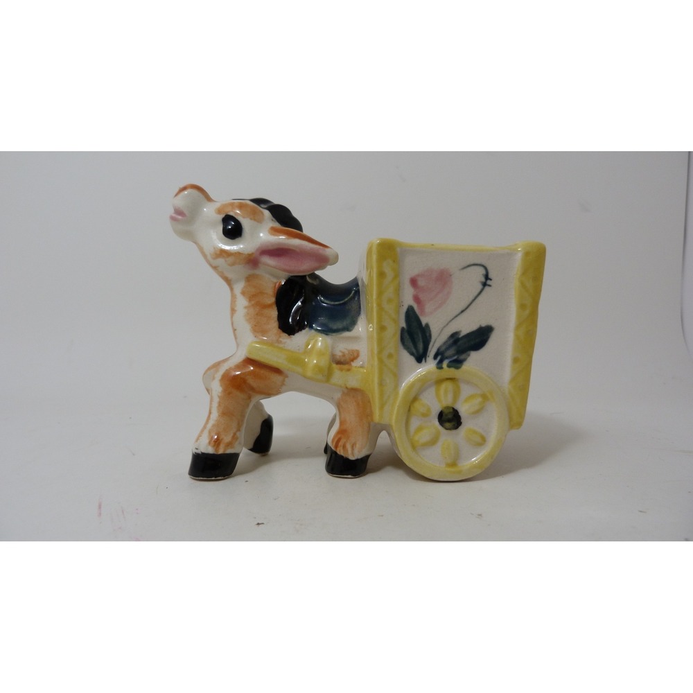 Vintage Japan Ceramic Donkey Pulling Floral Cart Figurine Toothpick Holder